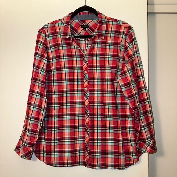 Talbots Petite XLP Button Down Collared LS Womens Shirt Red Pink Green Plaid EUC - Picture 1 of 11